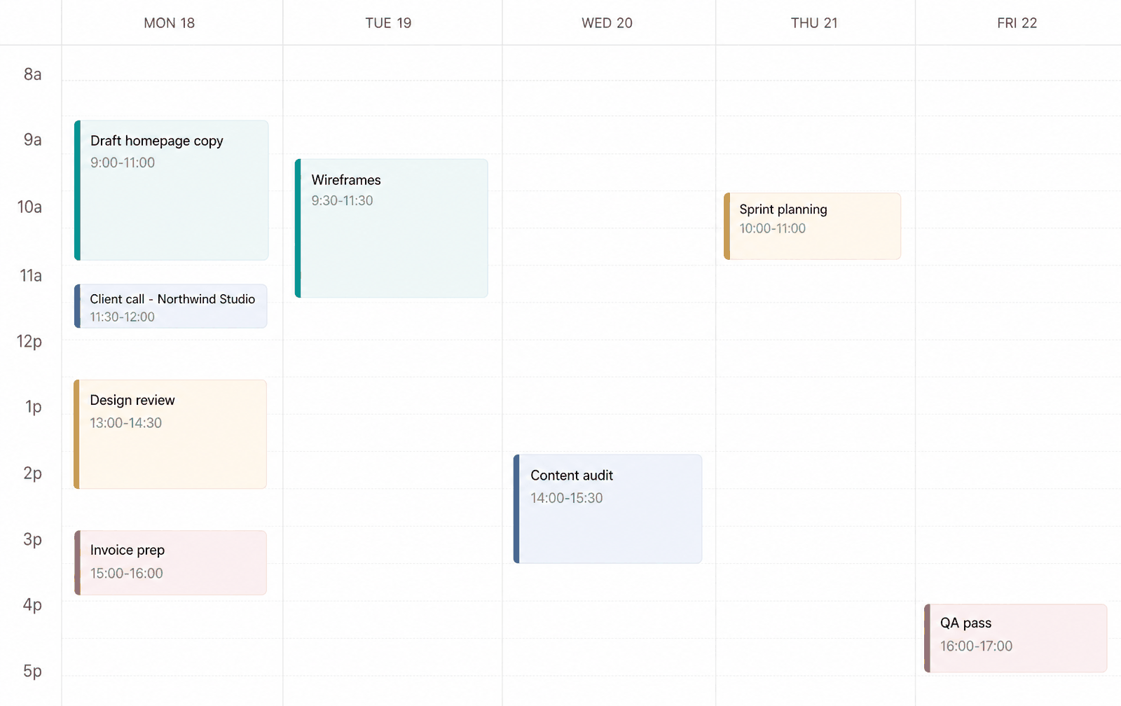 The ManageBloc calendar showing a work week with scheduled task blocks across day columns.