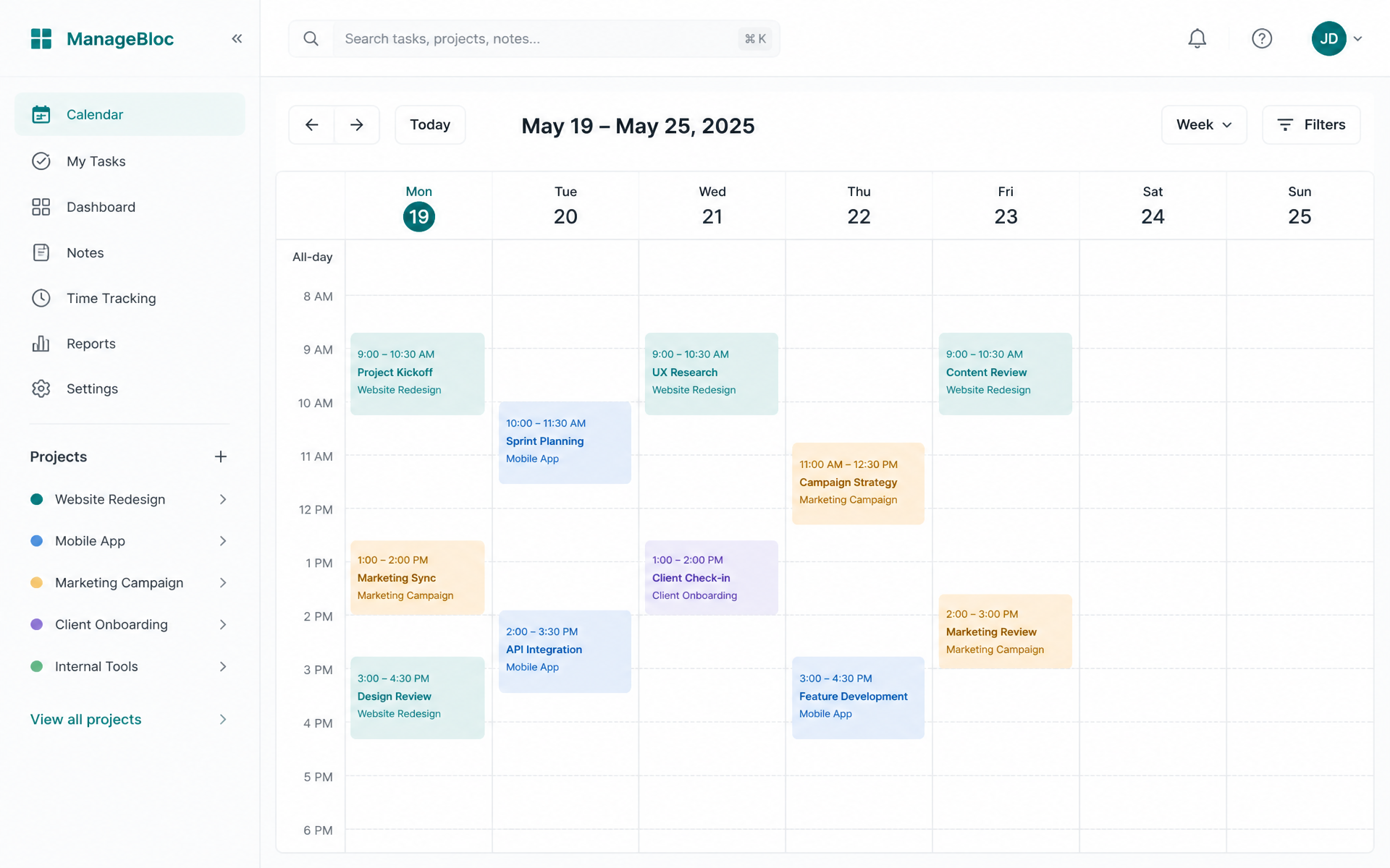 The ManageBloc calendar showing a week of scheduled project work and tracked time.