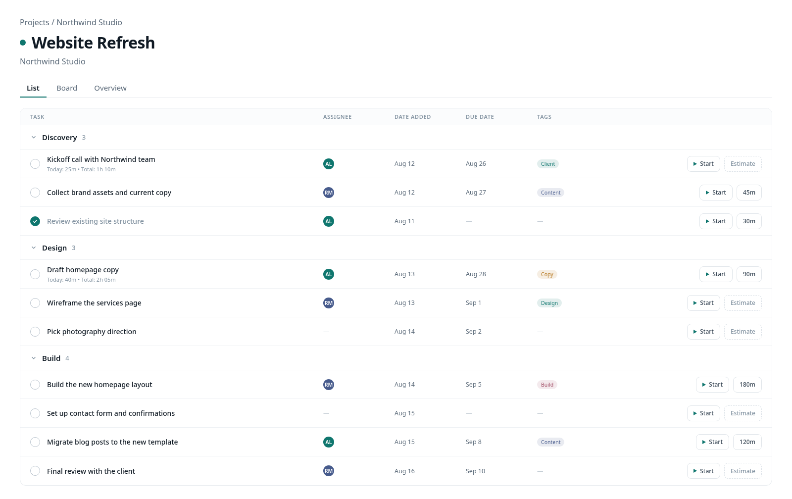 The ManageBloc project list showing tasks grouped into sections with assignee, dates, tags and a start timer button.